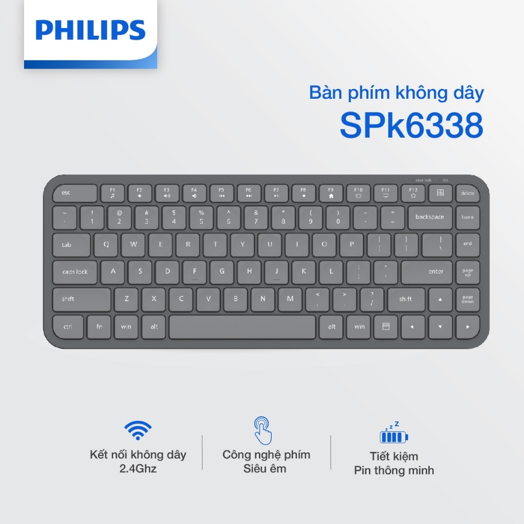 Bàn phím không dây Philips SPK6338 Chính Hãng – Thiết kế mỏng nhẹ, phím êm, kết nối 2.4GHz