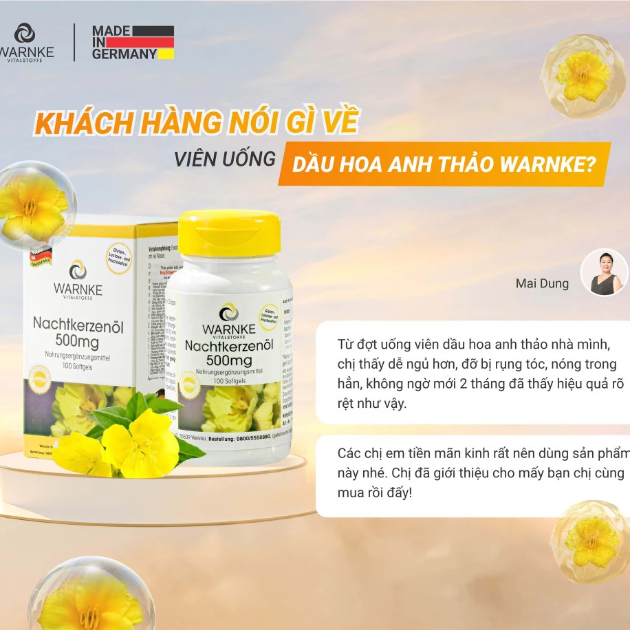 Tinh dầu hoa anh thảo Warnke Nachtkerzenöl 500mg hỗ trợ cân bằng nội tiết tố nữ, hỗ trợ làm đẹp cho làn da