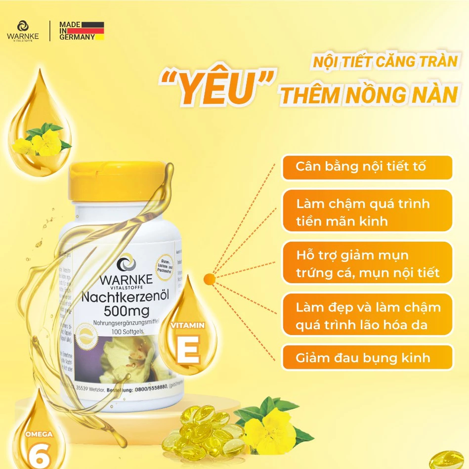 Tinh dầu hoa anh thảo Warnke Nachtkerzenöl 500mg hỗ trợ cân bằng nội tiết tố nữ, hỗ trợ làm đẹp cho làn da