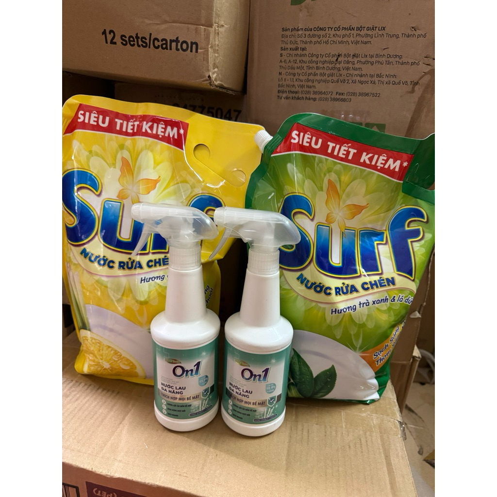 Nước rửa chén Surf Hương chanh sả - Hương trà xanh & lá dứa túi 3.2kg tặng lau đa năng 500g - SURRC