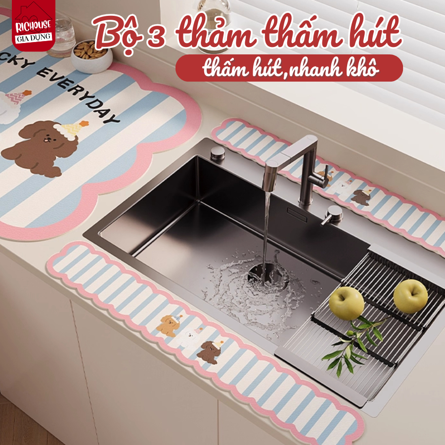 Thảm Thấm Hút Nước Bồn Rửa Bát Bô 3 Thảm Chất Liệu Bùn Tảo Nhanh Khô Lót Cao Su Chống Trượt