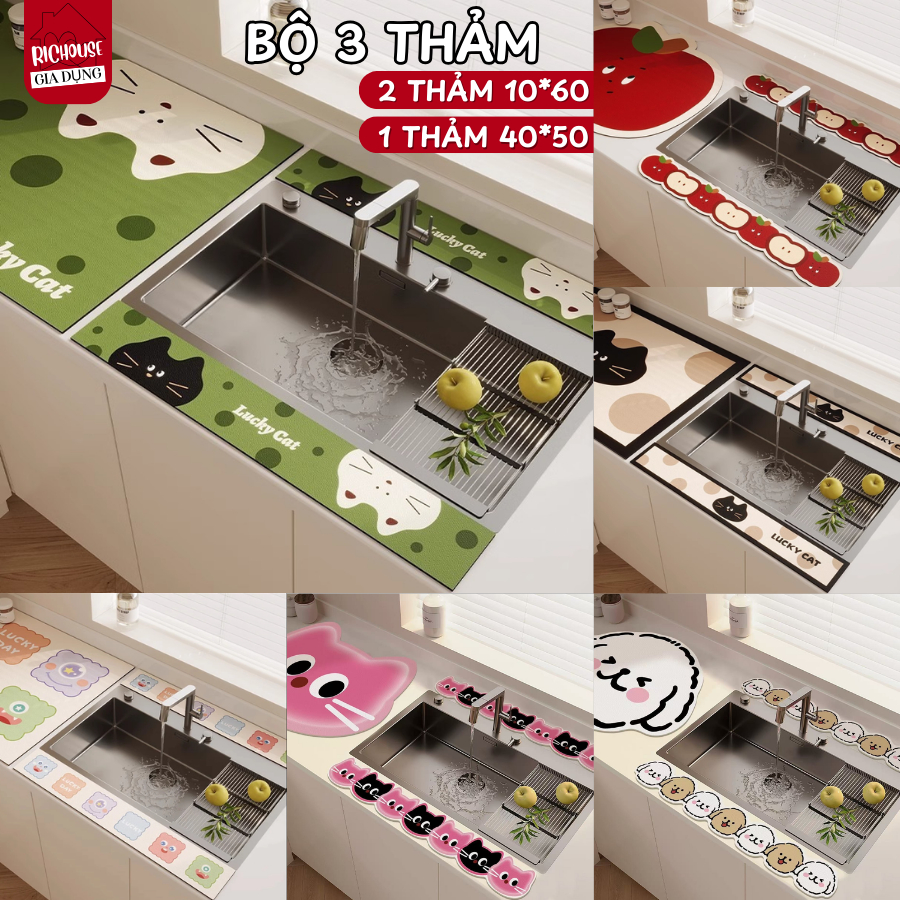 Thảm Thấm Hút Nước Bồn Rửa Bát Bô 3 Thảm Chất Liệu Bùn Tảo Nhanh Khô Lót Cao Su Chống Trượt