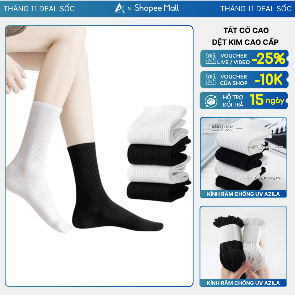 Tất  Nam nữ trơn thương hiệu Azila màu Đen Trắng Chống Mùi Kháng Khuẩn