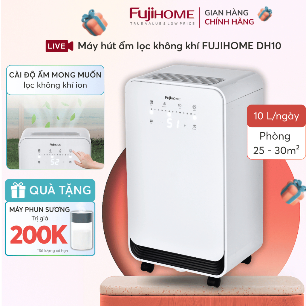 Máy hút ẩm dân dụng đa năng FUJIHOME DH10 10 lít/n, Máy hút lọc Ion âm sấy quần áo nhỏ gọn tiết kiệm điện