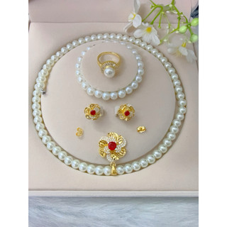Com bo 3 món tặng nhẫn ngọc trai , Vòng cổ ngọc trai, lắc tay ,hoa tai DÂY NGỌC TRAI HOA MAI