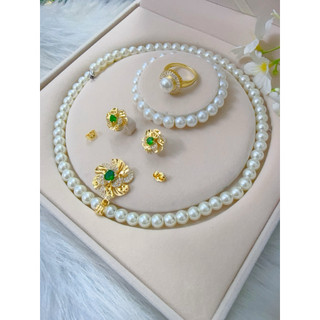 Com bo 3 món tặng nhẫn ngọc trai , Vòng cổ ngọc trai, lắc tay ,hoa tai DÂY NGỌC TRAI HOA MAI