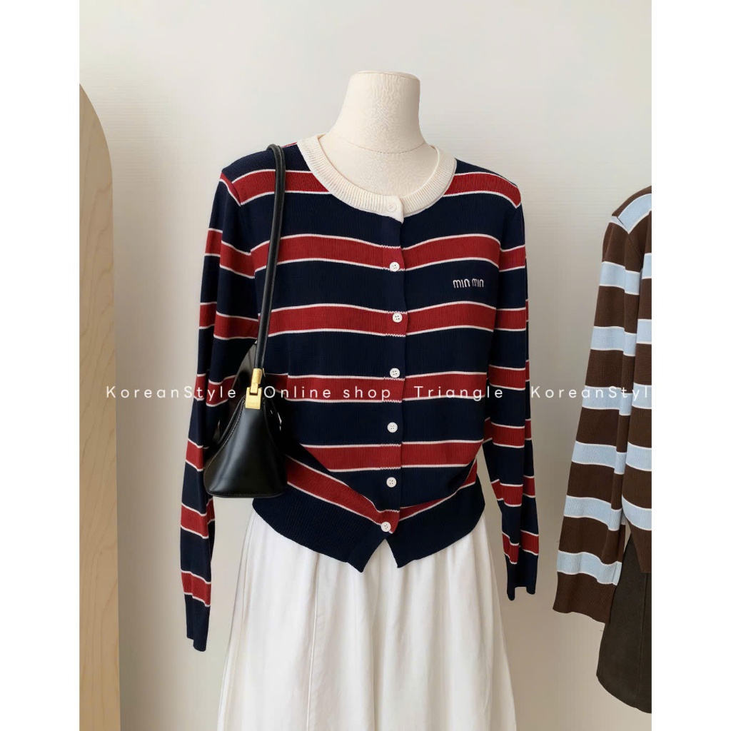 TRIANGLE - Min Cardigan (Cân nhắc kỹ, return is not welcomed) Áo len cardigan dáng ngắn kẻ ngang Hàn Quốc