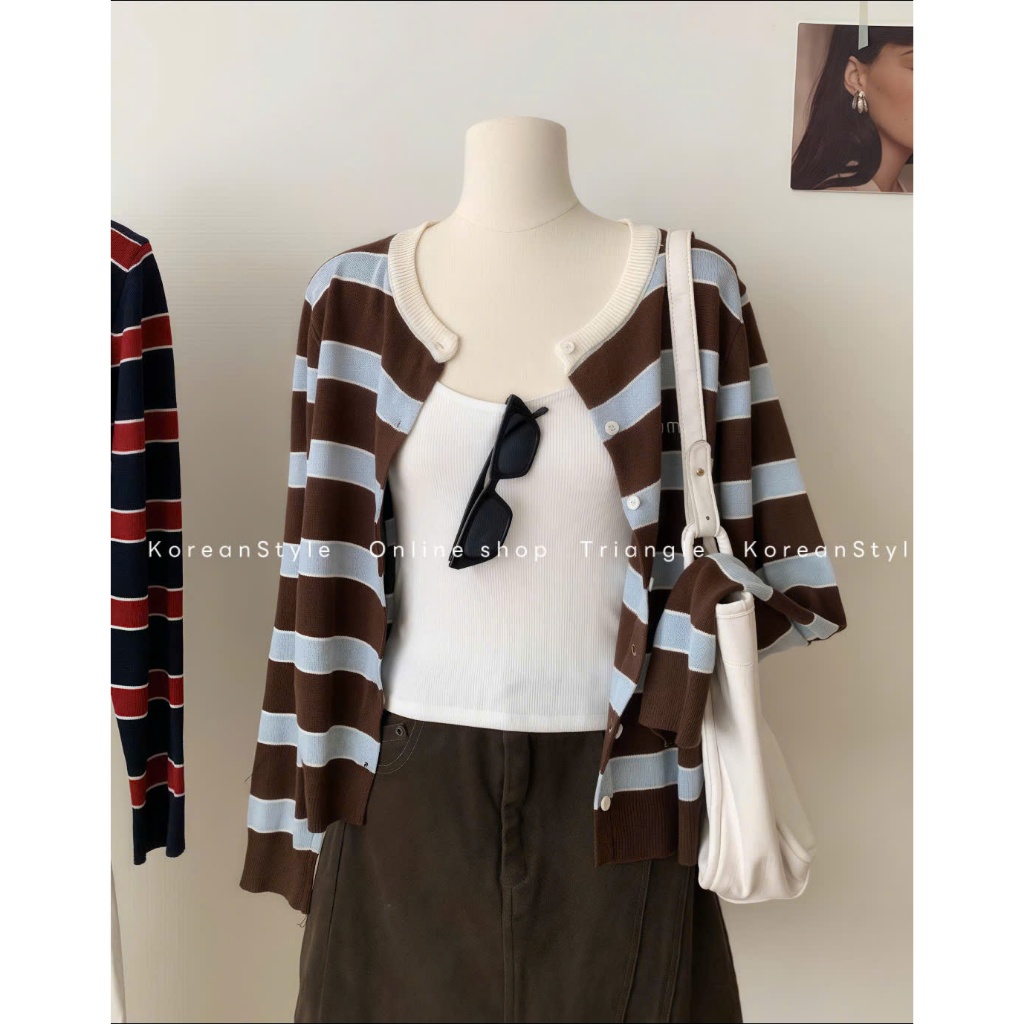 TRIANGLE - Min Cardigan (Cân nhắc kỹ, return is not welcomed) Áo len cardigan dáng ngắn kẻ ngang Hàn Quốc