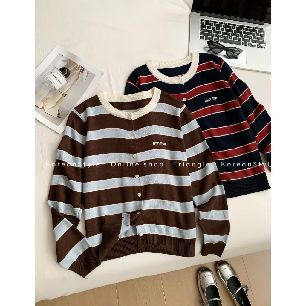 TRIANGLE - Min Cardigan (Cân nhắc kỹ, return is not welcomed) Áo len cardigan dáng ngắn kẻ ngang Hàn Quốc