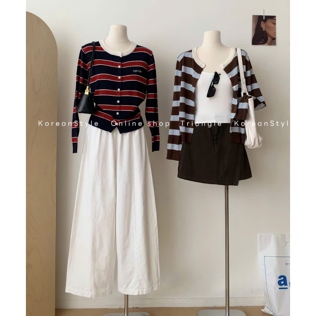 TRIANGLE - Min Cardigan (Cân nhắc kỹ, return is not welcomed) Áo len cardigan dáng ngắn kẻ ngang Hàn Quốc