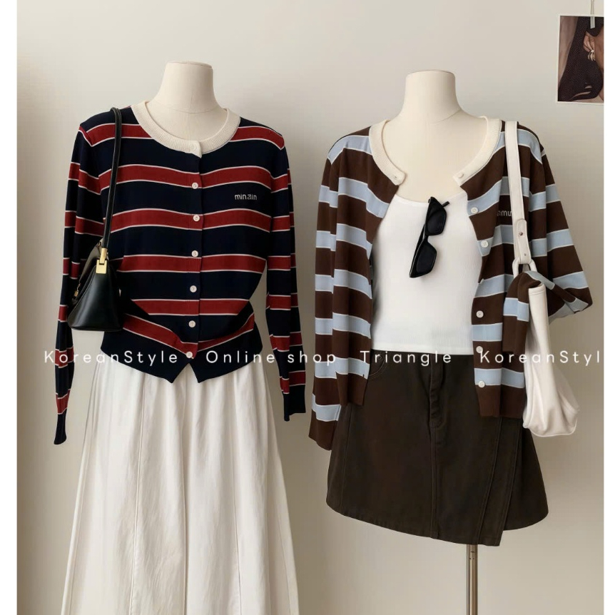 TRIANGLE - Min Cardigan (Cân nhắc kỹ, return is not welcomed) Áo len cardigan dáng ngắn kẻ ngang Hàn Quốc