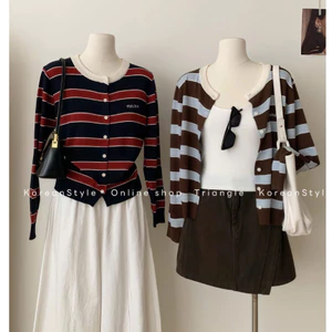 TRIANGLE - Min Cardigan (Cân nhắc kỹ, return is not welcomed) Áo len cardigan dáng ngắn kẻ ngang Hàn Quốc