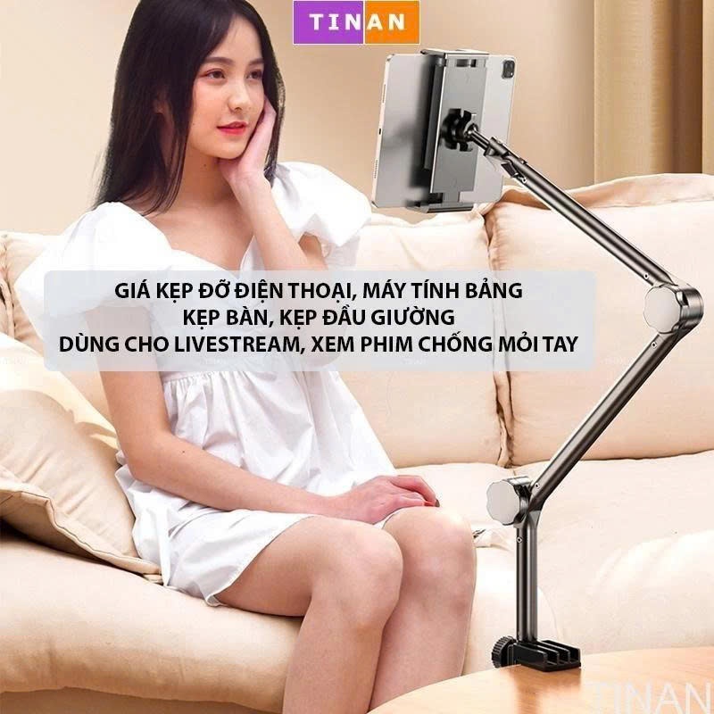 Giá đỡ ipad, điện thoại hợp kim nhôm kẹp bàn, đầu giường có khớp nâng chỉnh độ cao linh hoạt quay video, giải trí