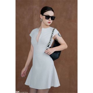 Đầm Công Sở JP Fashion Tay Ngắn, Cổ Tròn Phối Khóa Kéo Hiện Đại, Thiết Kế Chiết Eo Tôn Dáng 11012036