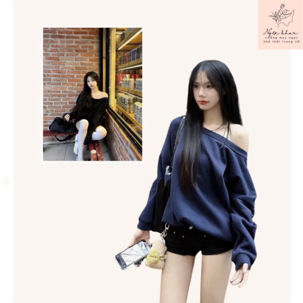 Áo Sweater nỉ lệch vai ,áo nỉ trễ vai form rộng chất liệu nỉ dày dặn ...