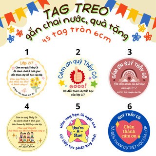 45 Tag giấy treo gắn chai nước, quà tặng 6cm in theo yêu cầu –Tag cảm ơn thầy cô, sinh nhật, sự kiện