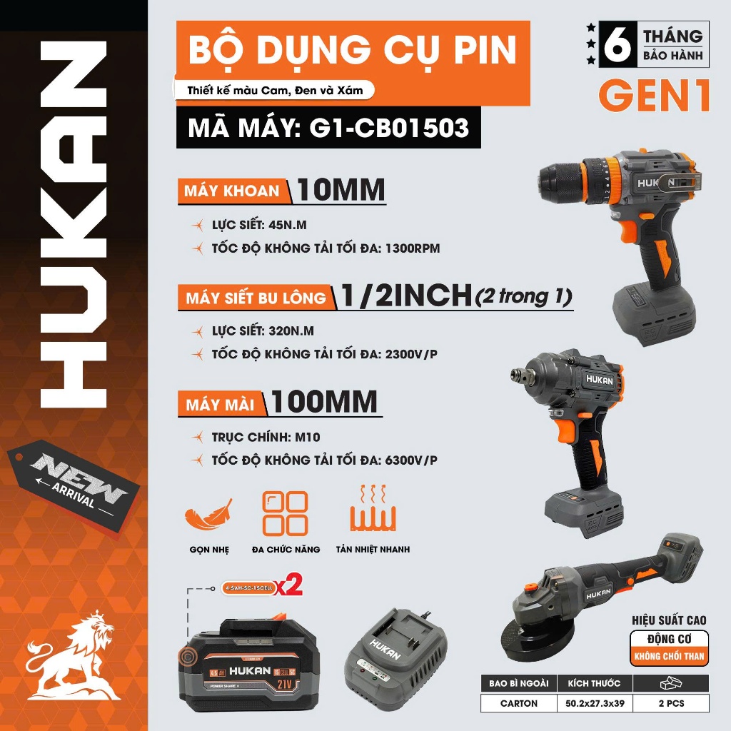 [COMBO 3 MÁY] Bộ Dụng Cụ 6 Món HUKAN G1-CB01503 | Máy Khoan 10MM + Máy Siết Bulong 1/2Inch 320N.m + Máy Mài 100MM| BH 6T