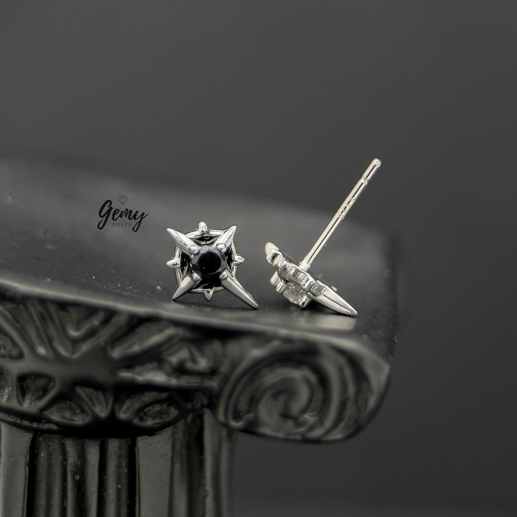 Khuyên tai nam nữ bạc 925 Dark King thiết kế đính đá đen, đá trắng cực chất unisex (1 chiếc) | GEMY SILVER KN32
