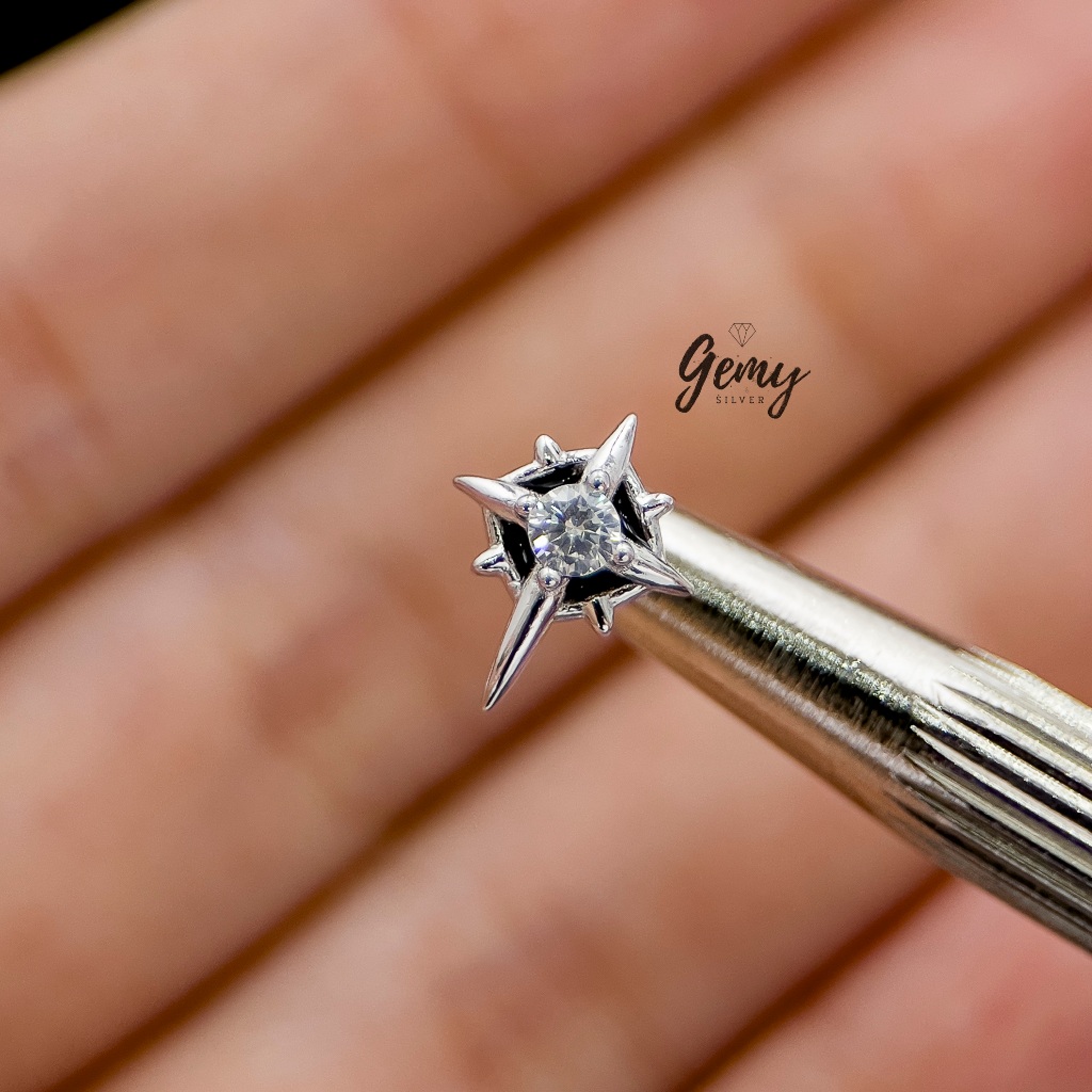 Khuyên tai nam nữ bạc 925 Dark King thiết kế đính đá đen, đá trắng cực chất unisex (1 chiếc) | GEMY SILVER KN32