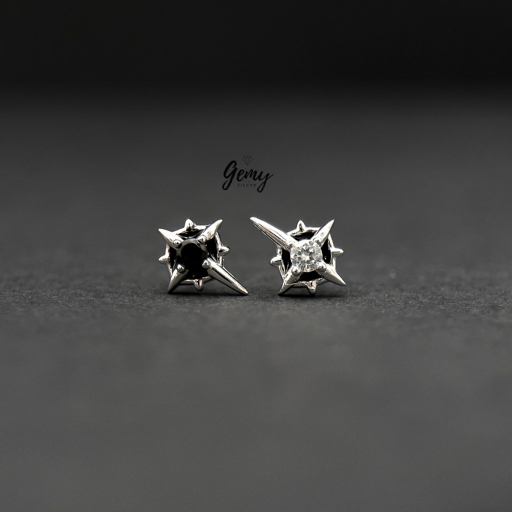 Khuyên tai nam nữ bạc 925 Dark King thiết kế đính đá đen, đá trắng cực chất unisex (1 chiếc) | GEMY SILVER KN32