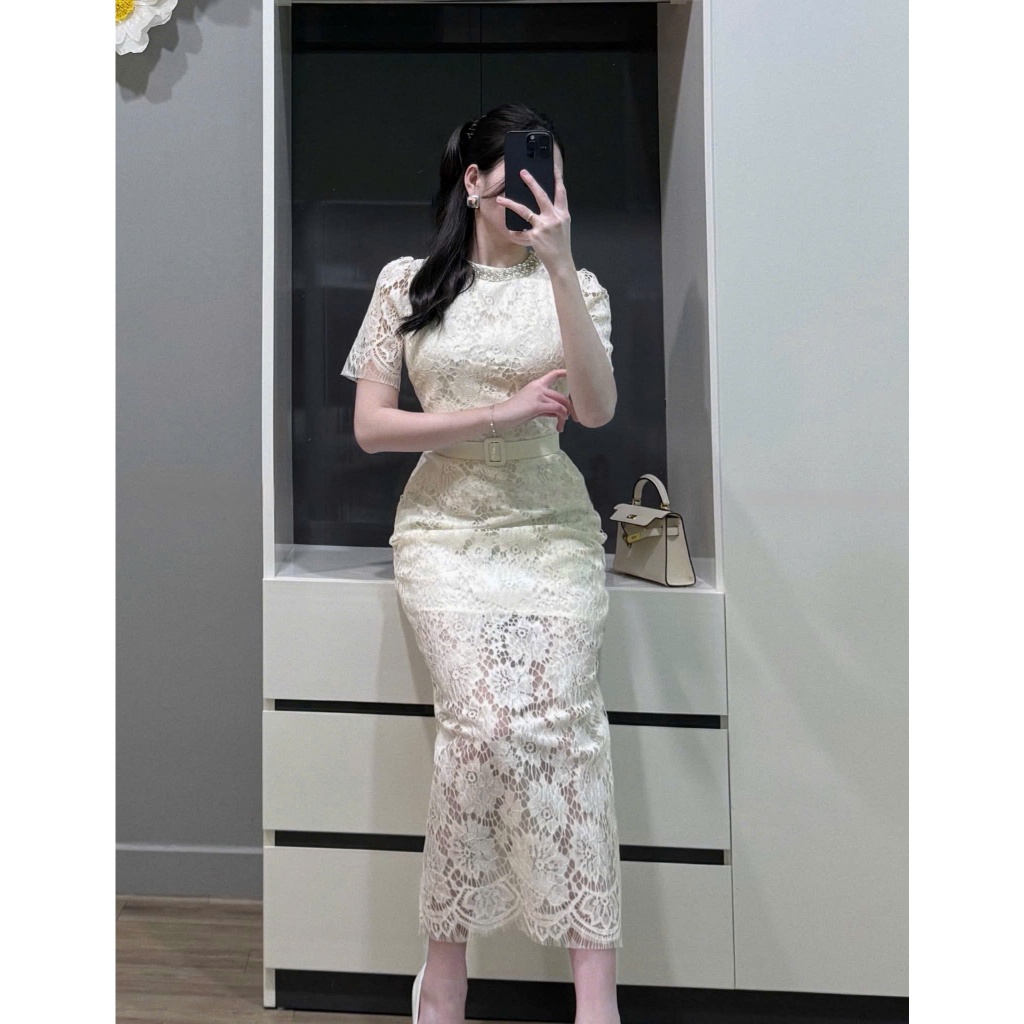NH CLOTHER - đầm ren dáng ôm cổ tròn cổ điển