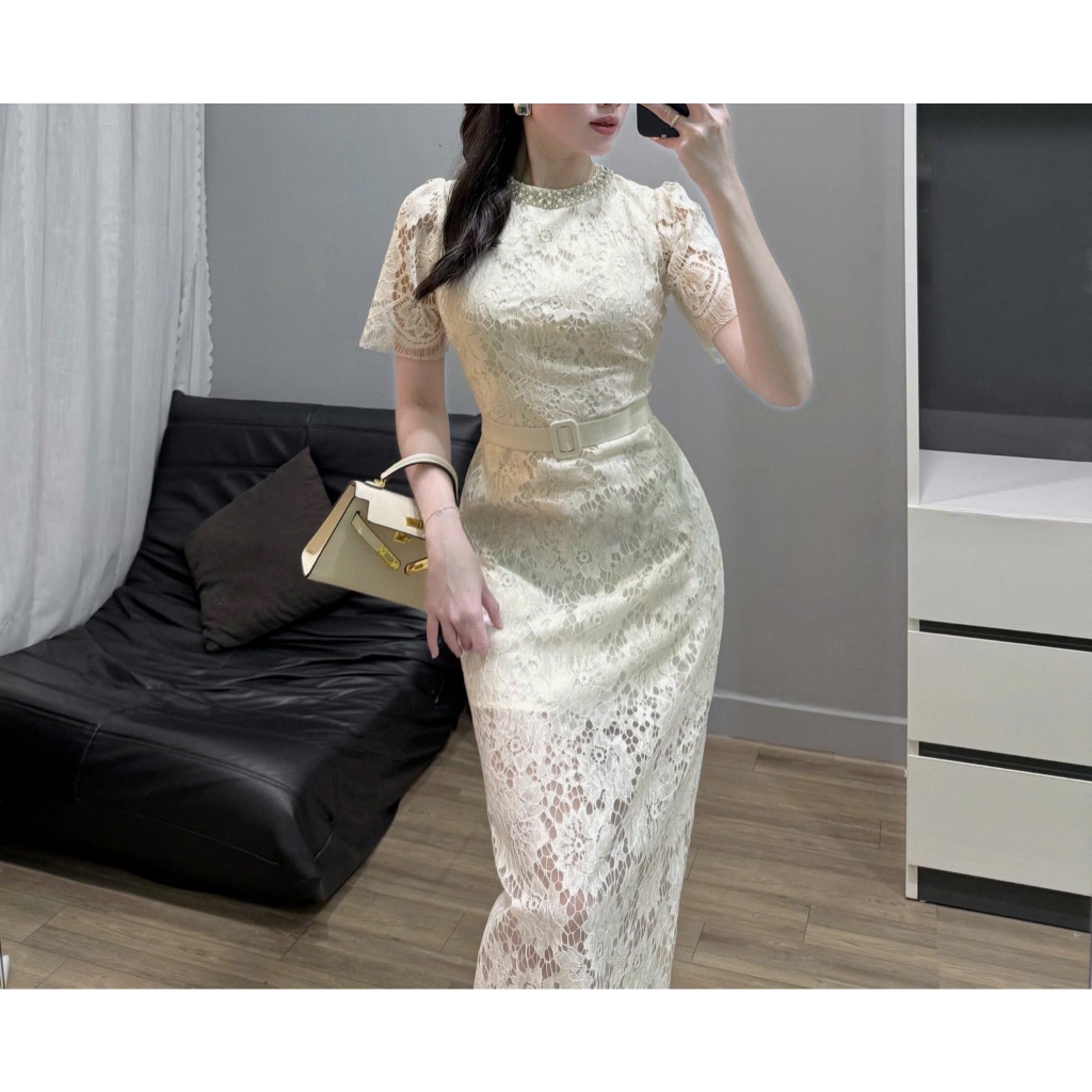 NH CLOTHER - đầm ren dáng ôm cổ tròn cổ điển