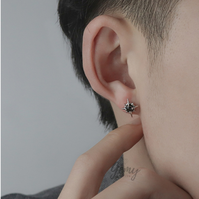 Khuyên tai nam nữ bạc 925 Dark King thiết kế đính đá đen, đá trắng cực chất unisex (1 chiếc) | GEMY SILVER KN32