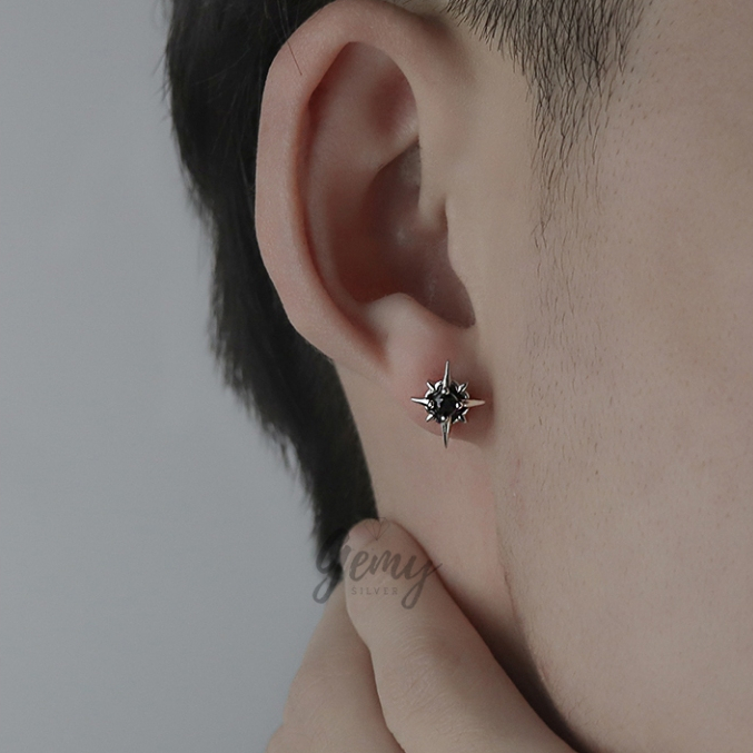 Khuyên tai nam nữ bạc 925 Dark King thiết kế đính đá đen, đá trắng cực chất unisex (1 chiếc) | GEMY SILVER KN32