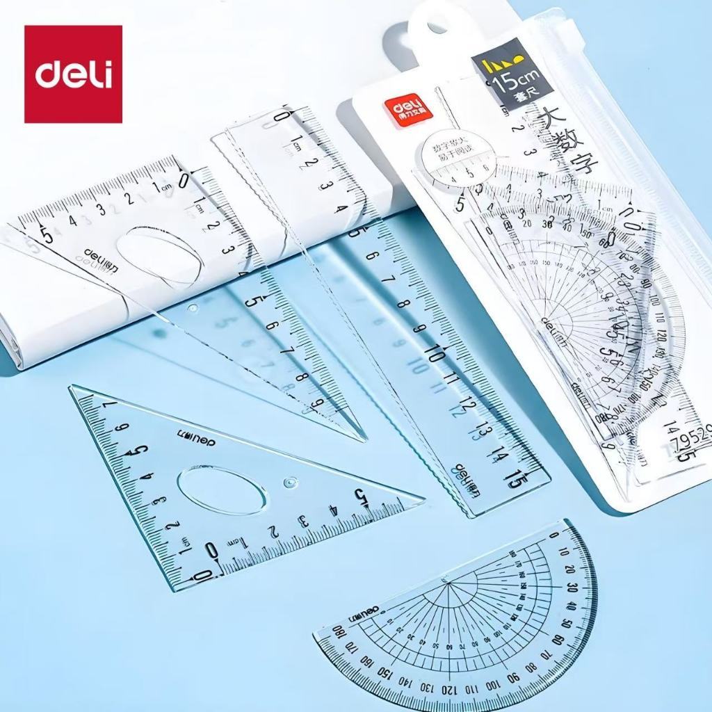 Bộ 4 Dụng Cụ Hình Học Deli – Thước Kẻ & Eke Tam Giác Trong Suốt, Số To, Dễ Đọc