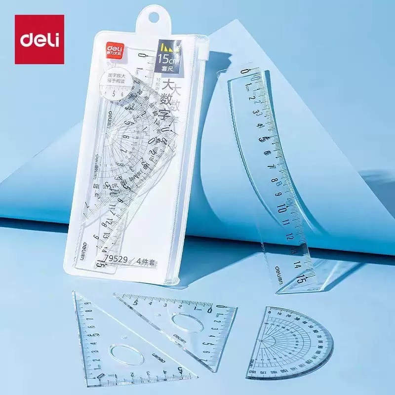 Bộ 4 Dụng Cụ Hình Học Deli – Thước Kẻ & Eke Tam Giác Trong Suốt, Số To, Dễ Đọc