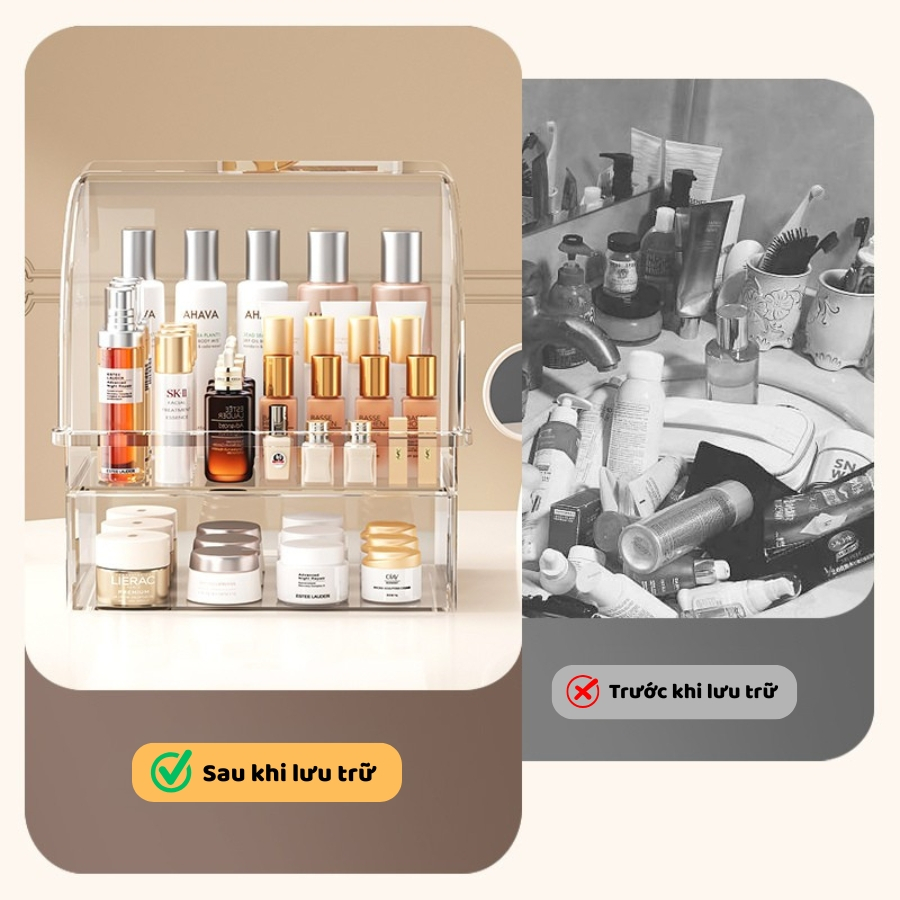 Hộp Nhựa Trong Suốt ENODA HOME Đựng Mỹ Phẩm Để Bàn, Tủ Kệ Đựng Đồ Makeup Trang Điểm Chia 2 Ngăn Chống Bụi Q060