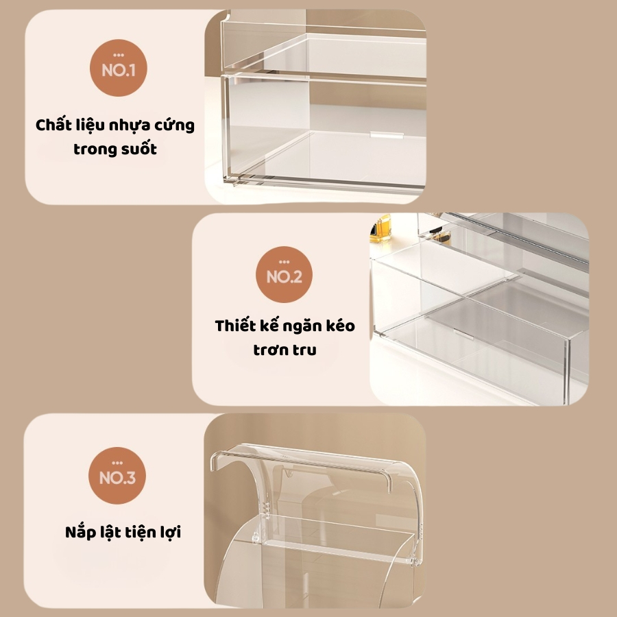 Hộp Nhựa Trong Suốt ENODA HOME Đựng Mỹ Phẩm Để Bàn, Tủ Kệ Đựng Đồ Makeup Trang Điểm Chia 2 Ngăn Chống Bụi Q060