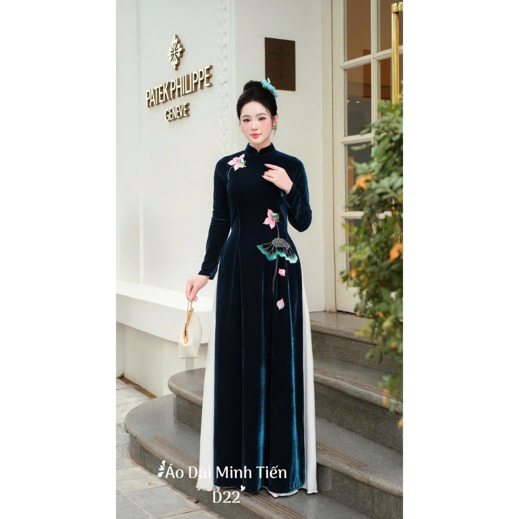 Áo Dài Chất Liệu Nhung The Cao Cấp Hàng May + Thêu Thủ Công Tỉ Mỉ Từng Áo - D22 Màu Xanh