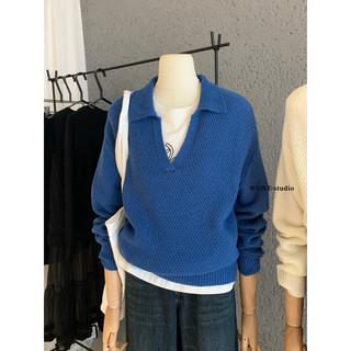 𝐏𝐡𝐢𝐞𝐧 | (Sẵn) W7812 Áo Polo Len Cổ V Form Rộng Hoạ Tiết Trơn
