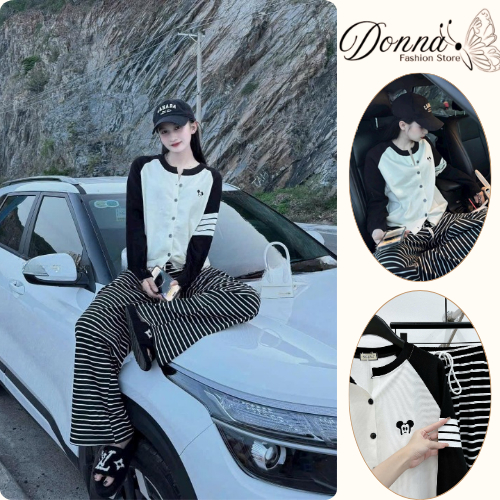 Set đồ nữ, đồ bộ nữ DONNA HCOM3358 áo mickey phối đen trắng mix quần kẻ siêu xinh