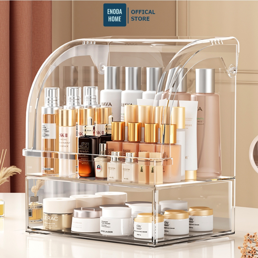 Hộp Nhựa Trong Suốt ENODA HOME Đựng Mỹ Phẩm Để Bàn, Tủ Kệ Đựng Đồ Makeup Trang Điểm Chia 2 Ngăn Chống Bụi Q060