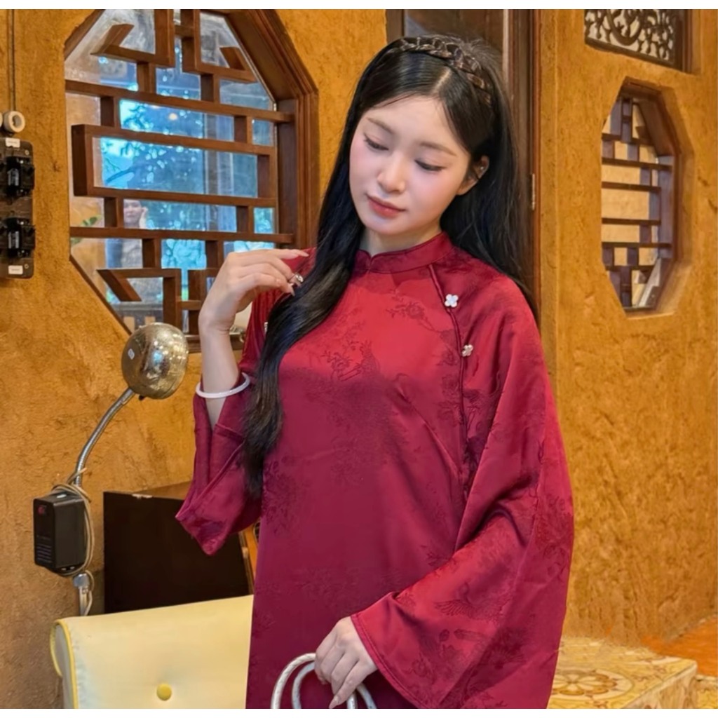 Áo dài gấm cách tân Du Miên đính tag hoa, áo dài cách tân kèm quần lụa LABEL AD20
