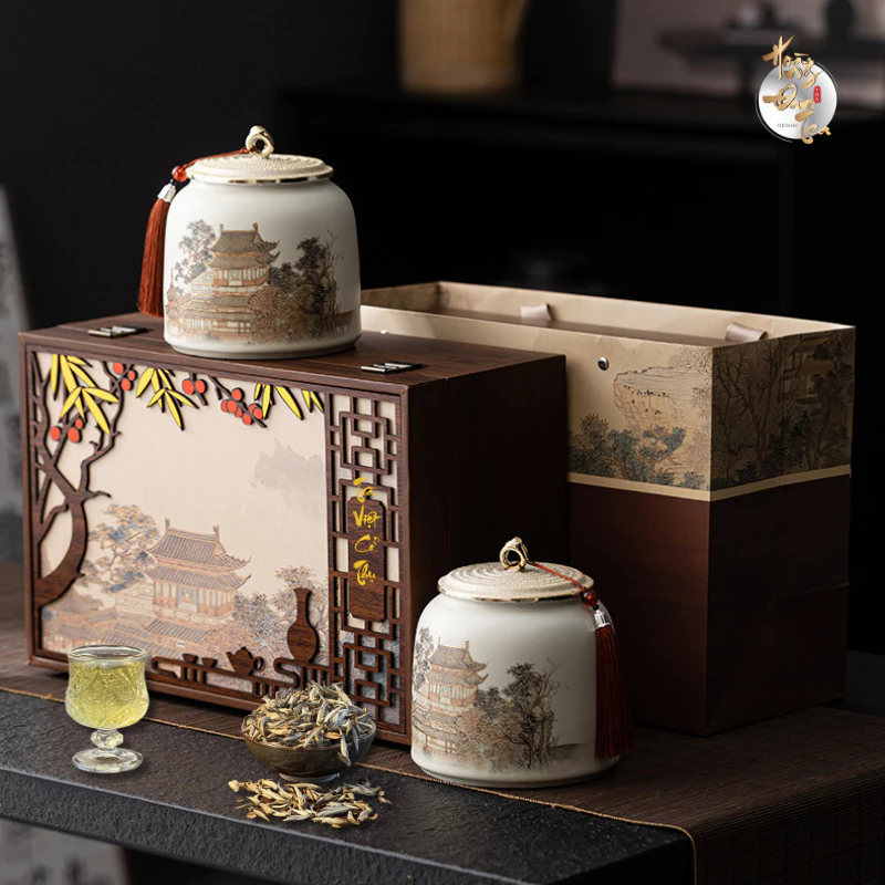 Set Quà Tết Hộp Gỗ 2 Hũ Chè Ngon Shan Tuyết & Thái Nguyên Thượng Hạng Uống Trà Đạo Cao Cấp Quà Tặng