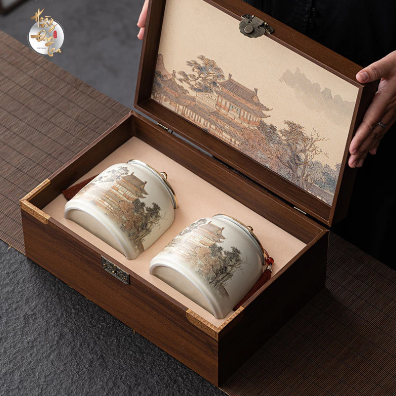 Set Quà Tết Hộp Gỗ 2 Hũ Chè Ngon Shan Tuyết & Thái Nguyên Thượng Hạng Uống Trà Đạo Cao Cấp Quà Tặng