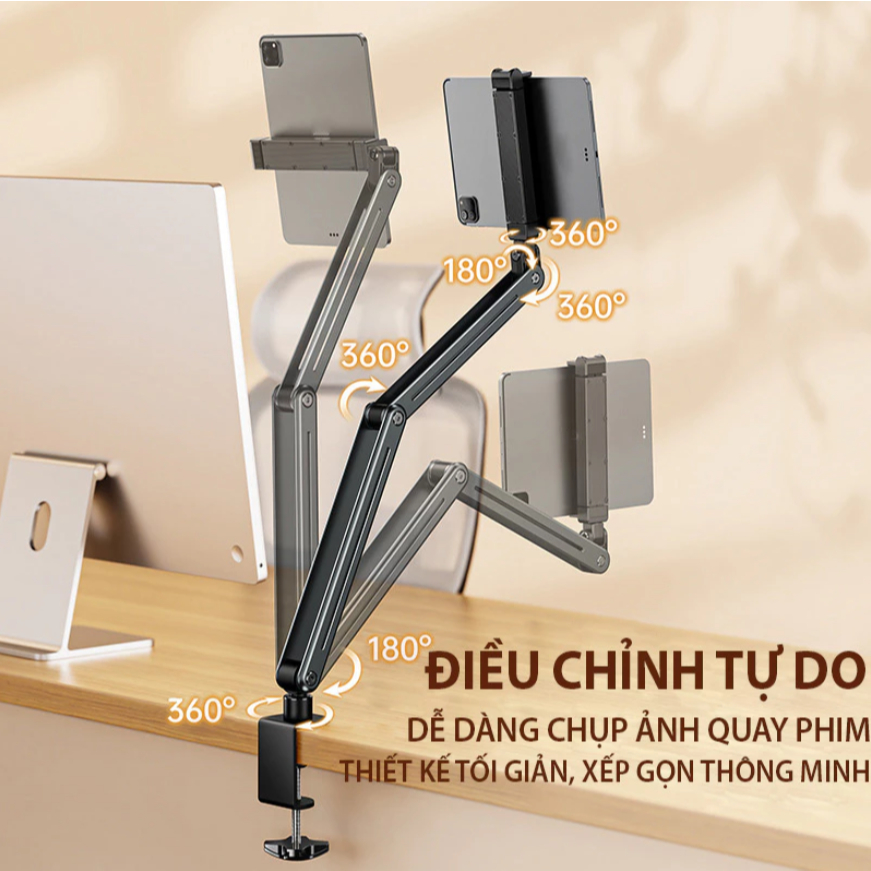 Chân đỡ ipad, điện thoại kẹp bàn thân xếp mở hiện đại xoay 360 độ tự động chắc chắn, chống rung mẫu mới 2025