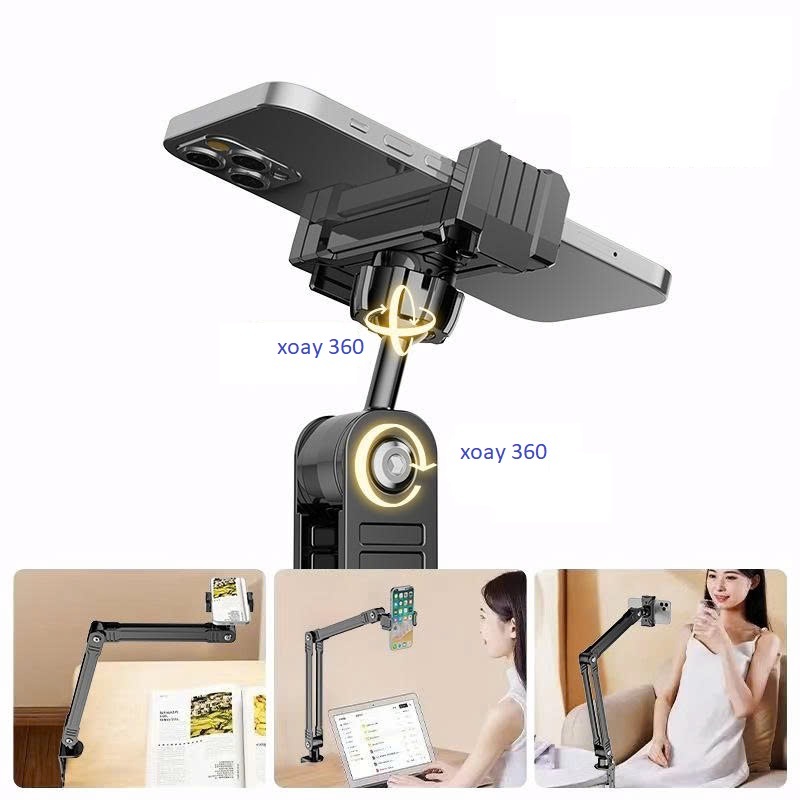 Giá đỡ ipad, điện thoại kẹp bàn, đầu giường thân nhôm xếp mở gọn hiện đại xoay 360 độ đa năng chắc chắn, chống rung