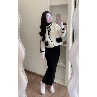 MIMI CLOTHING-Áo lông dáng ngắn phối lông tay cực xinh