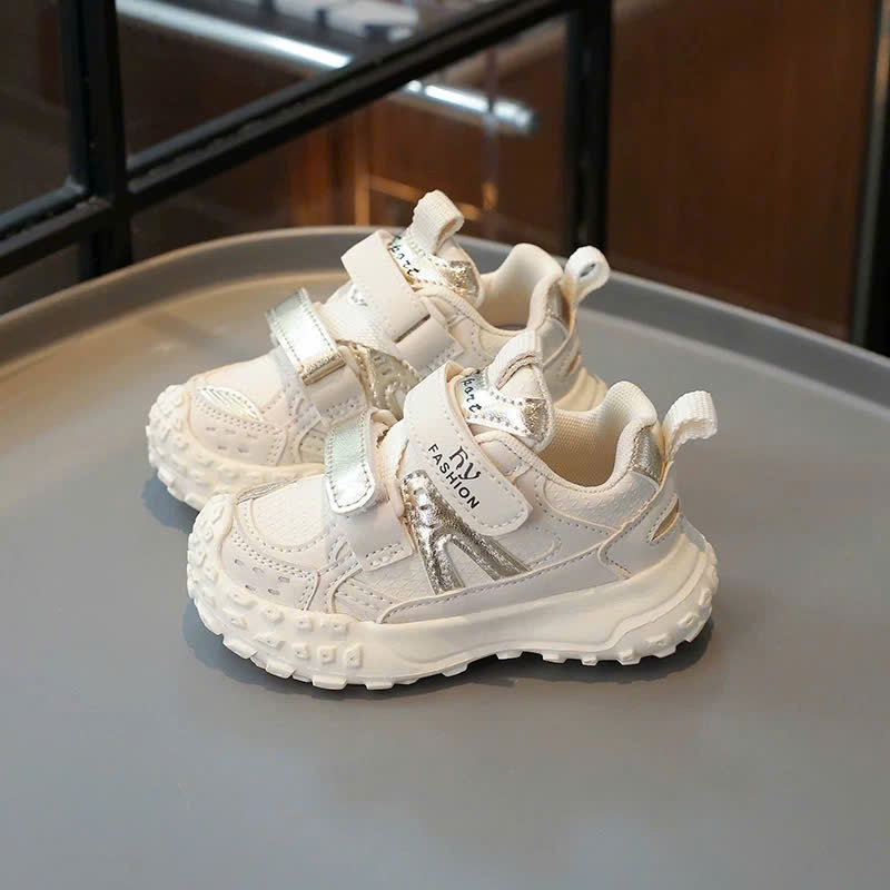 [M055] Giày Sneaker Trẻ Em Cao Cấp, Giày Thể Thao Bé Gái Trắng Ánh Kim, Đế Cao Su Chống Trượt, Quai Dán Tiện Lợi