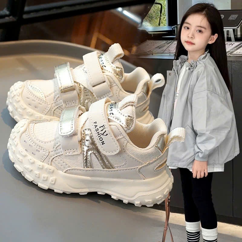 [M055] Giày Sneaker Trẻ Em Cao Cấp, Giày Thể Thao Bé Gái Trắng Ánh Kim, Đế Cao Su Chống Trượt, Quai Dán Tiện Lợi
