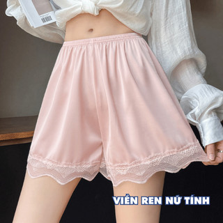 Quần Váy Lụa Satin Mát Mịn Phối Ren Nhẹ Nhàng, Quần bảo Hộ Dạng Đùi Lưng Cao Co Giãn Mềm Mại V550