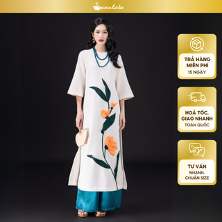 SWANLAKE | Áo Dài Nữ Cách Tân Liên Hoa Phom Suông Cổ Tròn Vải Lụa Dày Đính Kết Hoa 3D Tết L13092