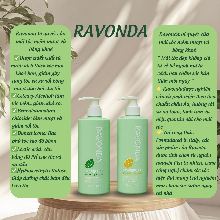 Cặp Dầu Gội Xả Bưởi RAVONDA 750ml | Dưỡng Tóc Mềm Mượt, Sạch Thoáng Cho Tóc Khô Xơ