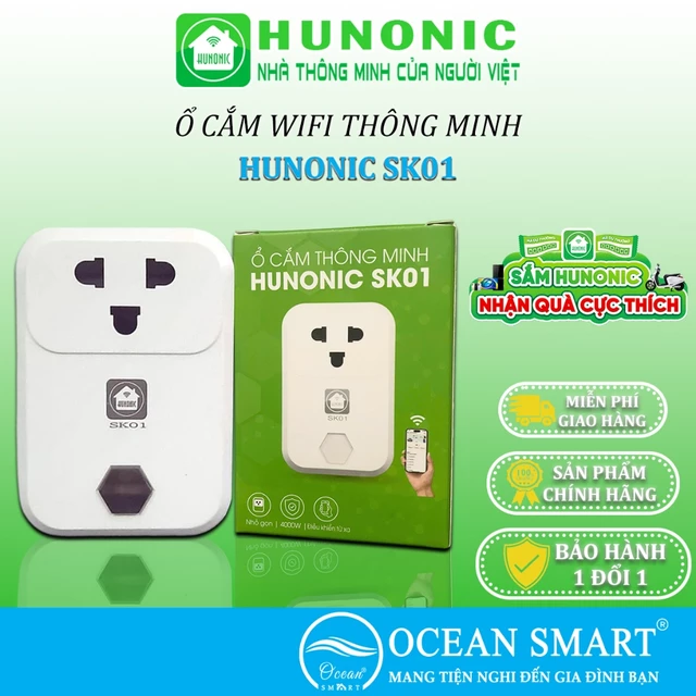 Ổ Cắm Wifi SK01 Thông Minh Hunonic, Ổ Cắm Hẹn Giờ Điều Khiển Từ Xa Bằng Điện Thoại SK02 - HNSK