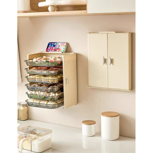 Giá sơ chế thực phẩm 6 tầng gắn tường, có cánh cửa tủ, khay đựng đồ ăn lẩu, có lỗ thoát nước
