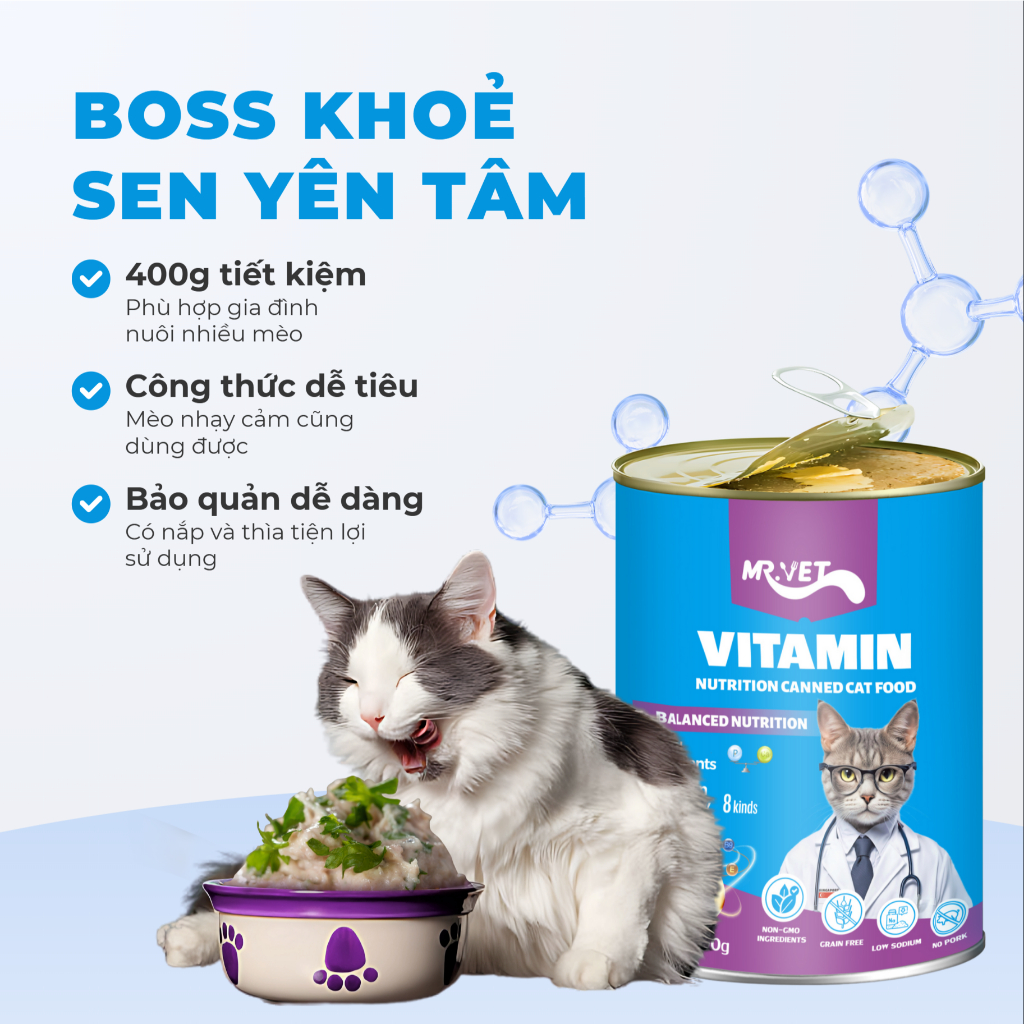 [Combo 4-8 Lon] Pate Lon Mr.VET Dành Cho Mèo Mọi Lứa Tuổi Hỗ Trợ Tiêu Hóa Và Đề Kháng - Lon 400GR